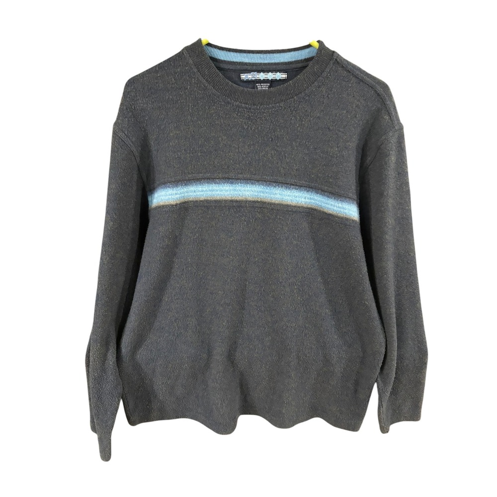 X9 Mens Crewneck Sweater Large Charcoal Grey Blue Chest Stripe Knit Pullover